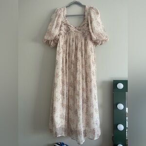 Romantic Floral Puff-Sleeve Maxi Dress - Cream with Pink & Green Print